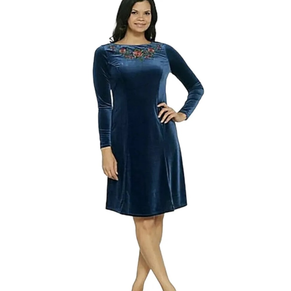 Quacker Factory Blue Velvet Embroidered Rose‎ Rhinestones Pull On Dress NWT L
